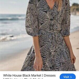 White House Black Market Black and Cream Floral Wrap Midi Dress